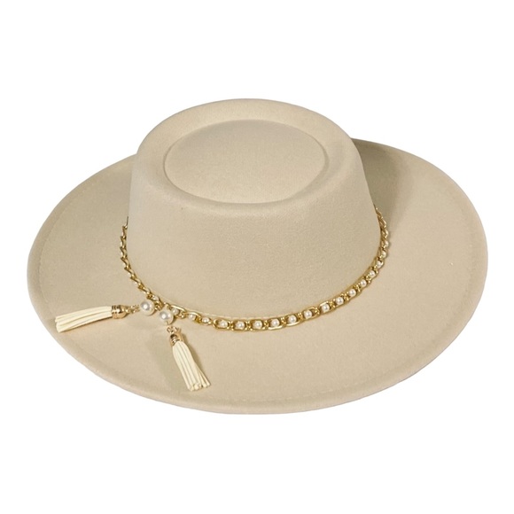 Wide Brim Round Crown Gold Tassels Band Fedora Boater Hat - Picture 2 of 4